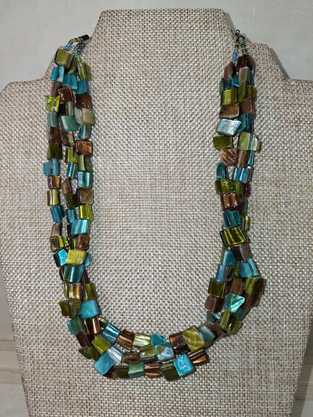 Multi-Strand Abalone Or Shell Tile Statement Necklace in Teal, Olive & Bronze